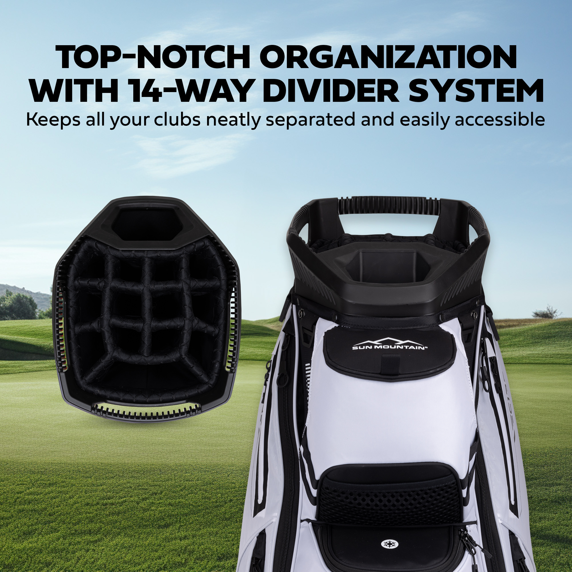 golf bag 14-way divider system showing club separation